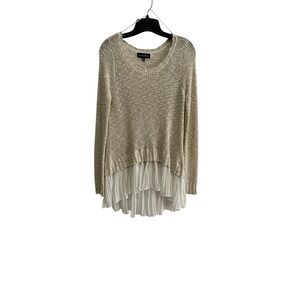 My Michelle Sweater‎ Knit Top Pleated Ruffle Hem Long Sleeve Boho Beige Gold M